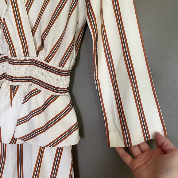 Maje Ieni Romper Size Medium Cream Bronze Striped Peplum One Piece Long Sleeve - Picture 13 of 16